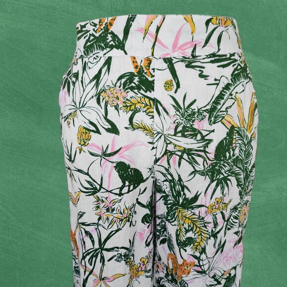 Rachel Zoe Linen Wide Leg Crop Pant Tropical Jungle Jaguar Small White GreenPink - Picture 3 of 7